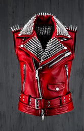 Scarlet Spikes Women’s Red Sleeveless Leather Vest Jacket with Studded Lapel, Spiked Epaulettes & Belted Gothic Streetwear Cut